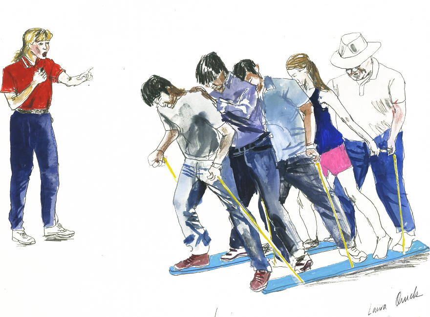 Illustration woman with whistle instructing a team
