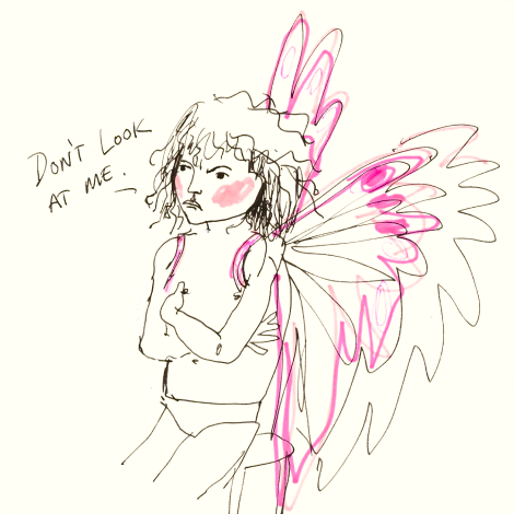 Illustration of a grumpy looking girl wearing fairy wings