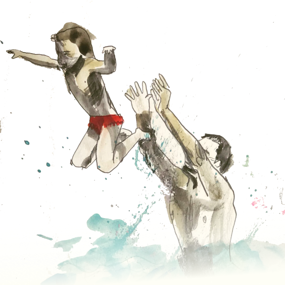 Illustration of a man throwing a child in water
