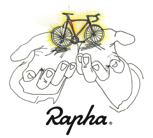 Illustration of a bike in hands and the Rapha logo