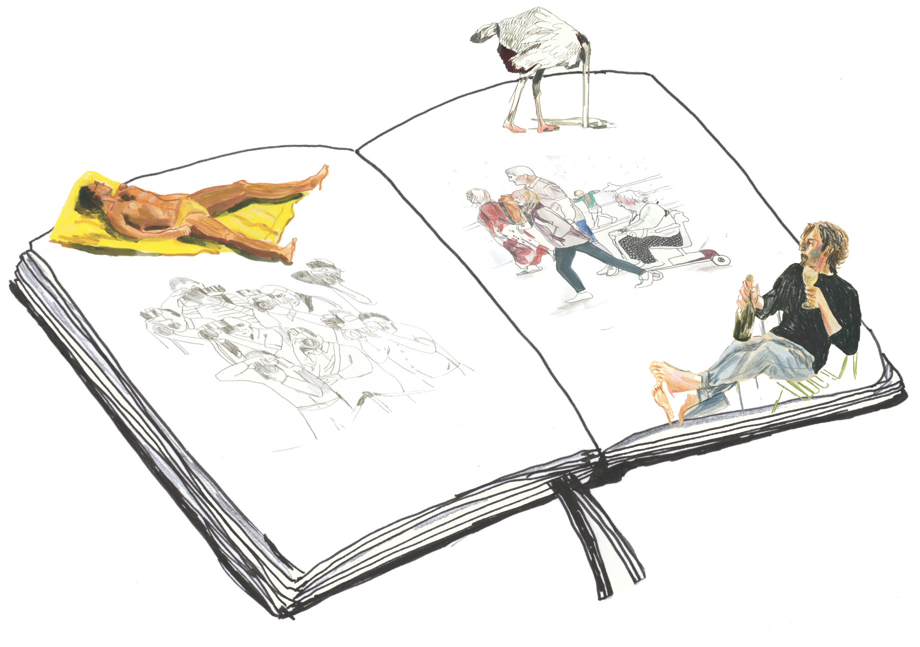 Illustration of an open sketchbook with 3d illustrations on the pages